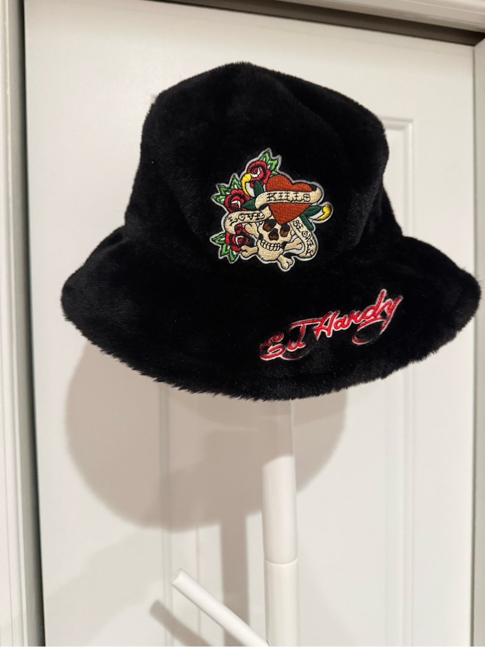 Ed Hardy  Black Faux-Fur Bucket Hat with Skull Patch